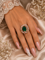 Emerald Green Statement Ring – Rose Gold-Tone Floral Crystal Ring