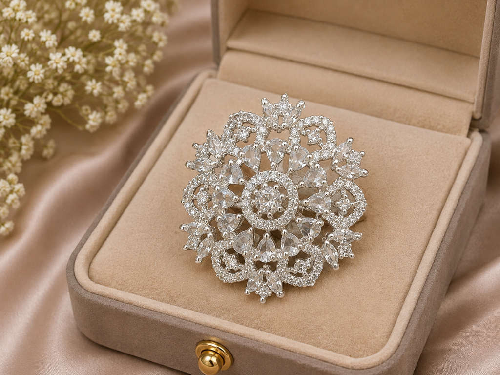 Silver Floral Crystal Statement Ring