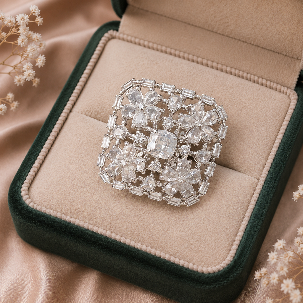 Crystal Floral Statement Ring – Silver-Tone Embellished Ring