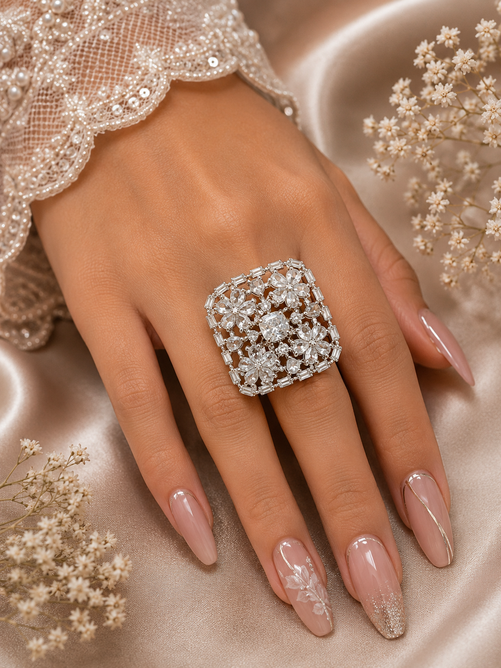 Crystal Floral Statement Ring – Silver-Tone Embellished Ring
