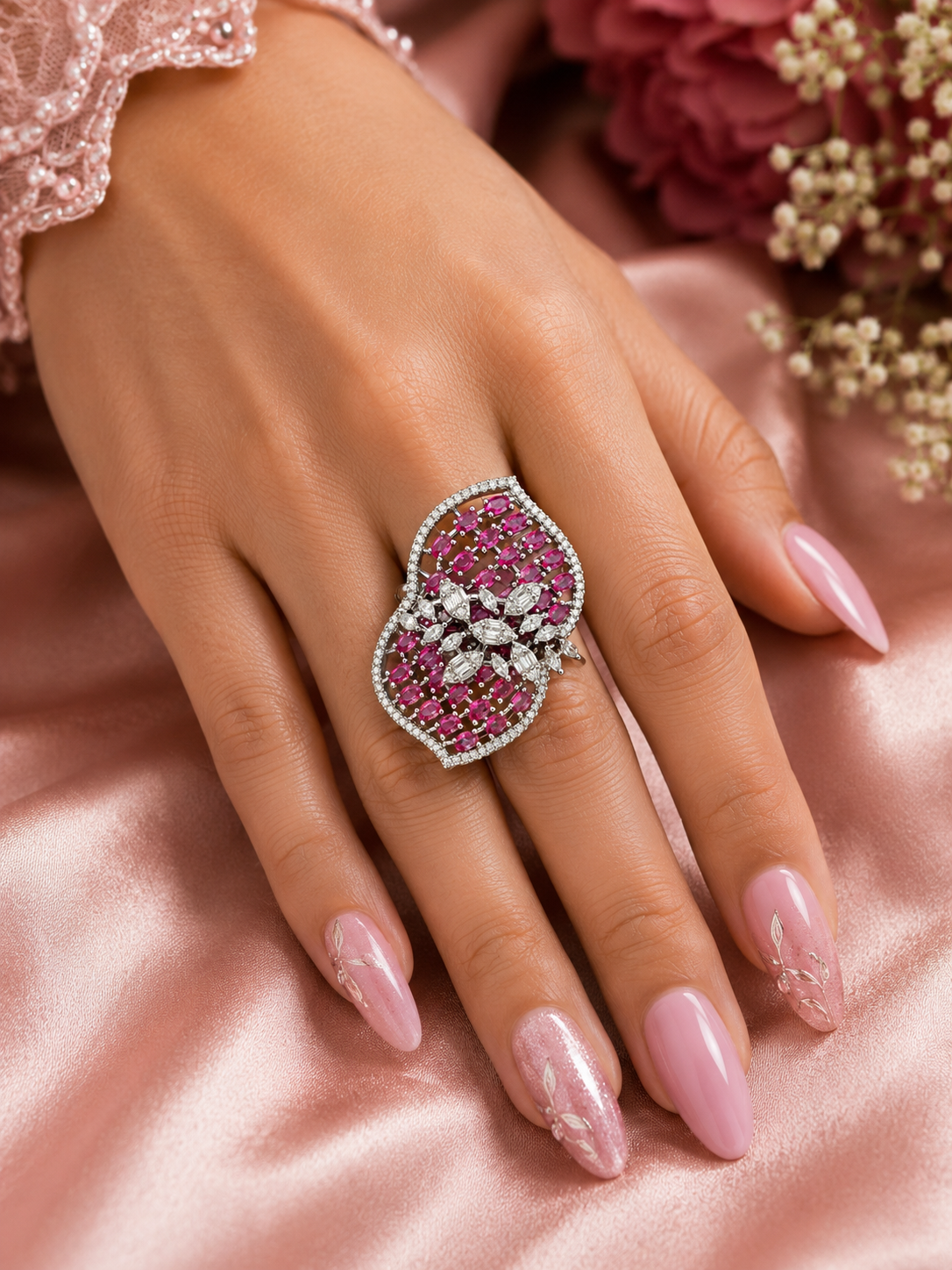 Pink Ruby-Tone Floral Statement Ring