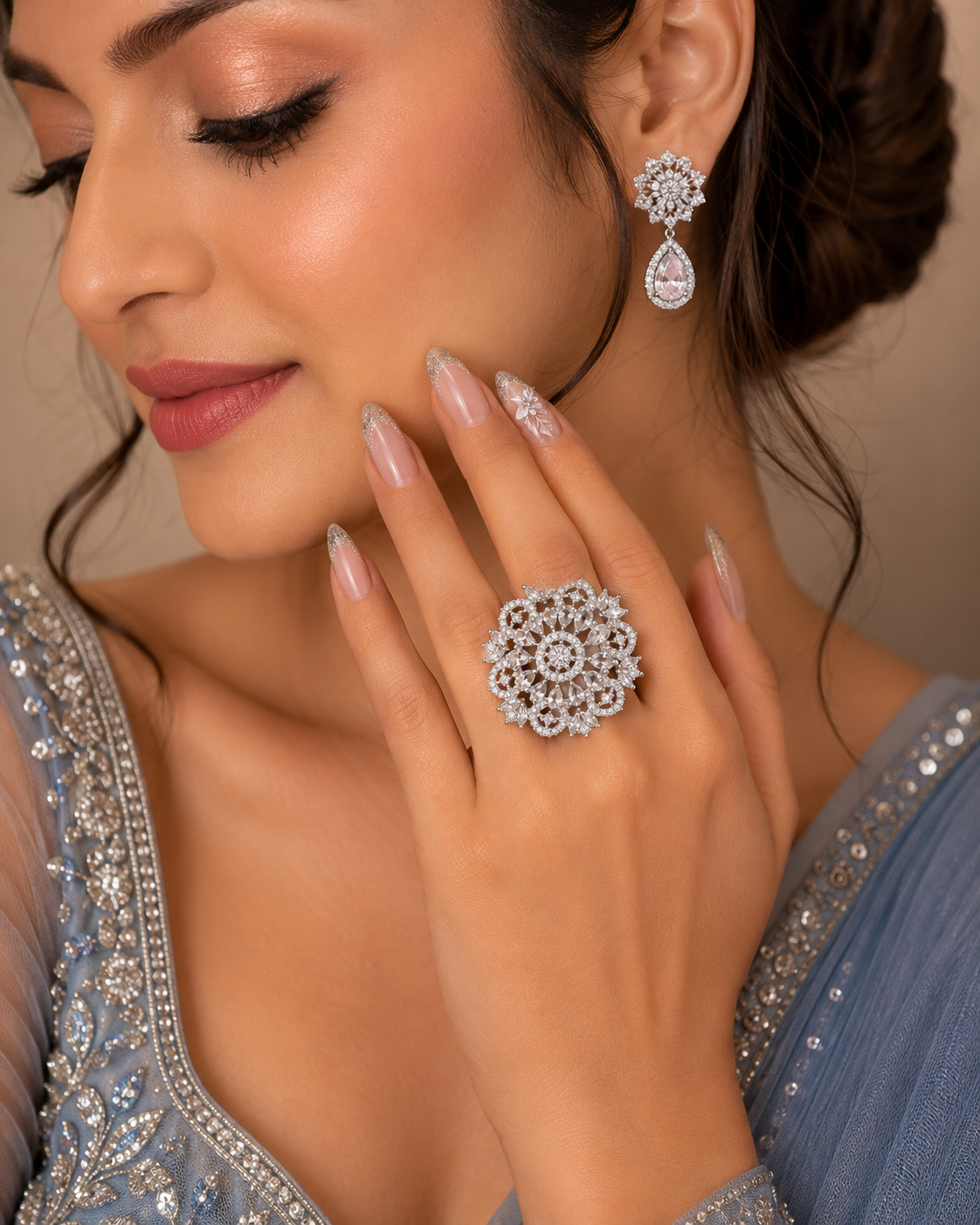 Silver Floral Crystal Statement Ring