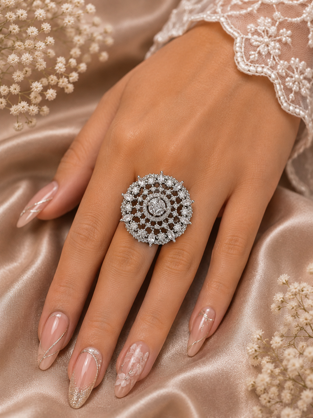 Elegant Crystal Floral Statement Ring – Silver Tone