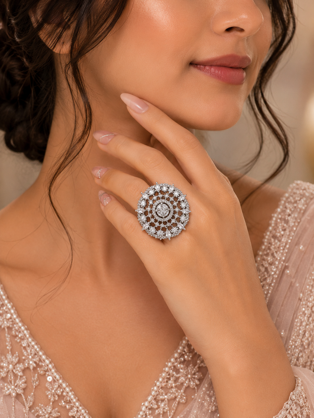 Elegant Crystal Floral Statement Ring – Silver Tone