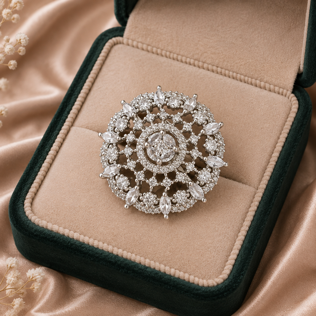 Elegant Crystal Floral Statement Ring – Silver Tone