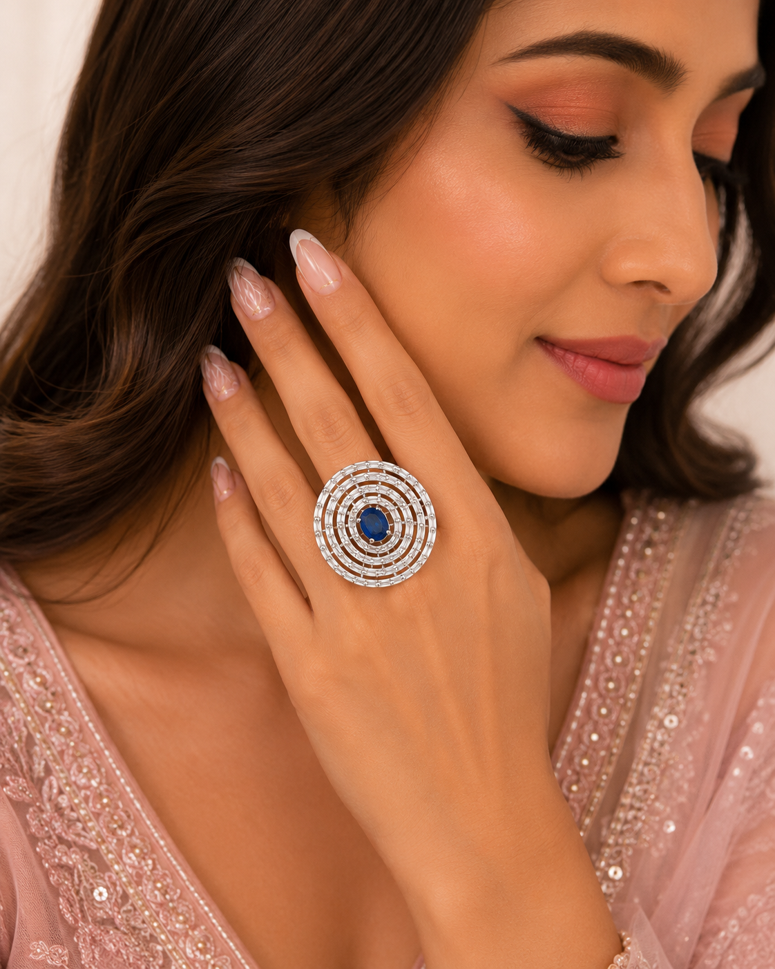 Blue Oval Concentric Crystal Statement Ring