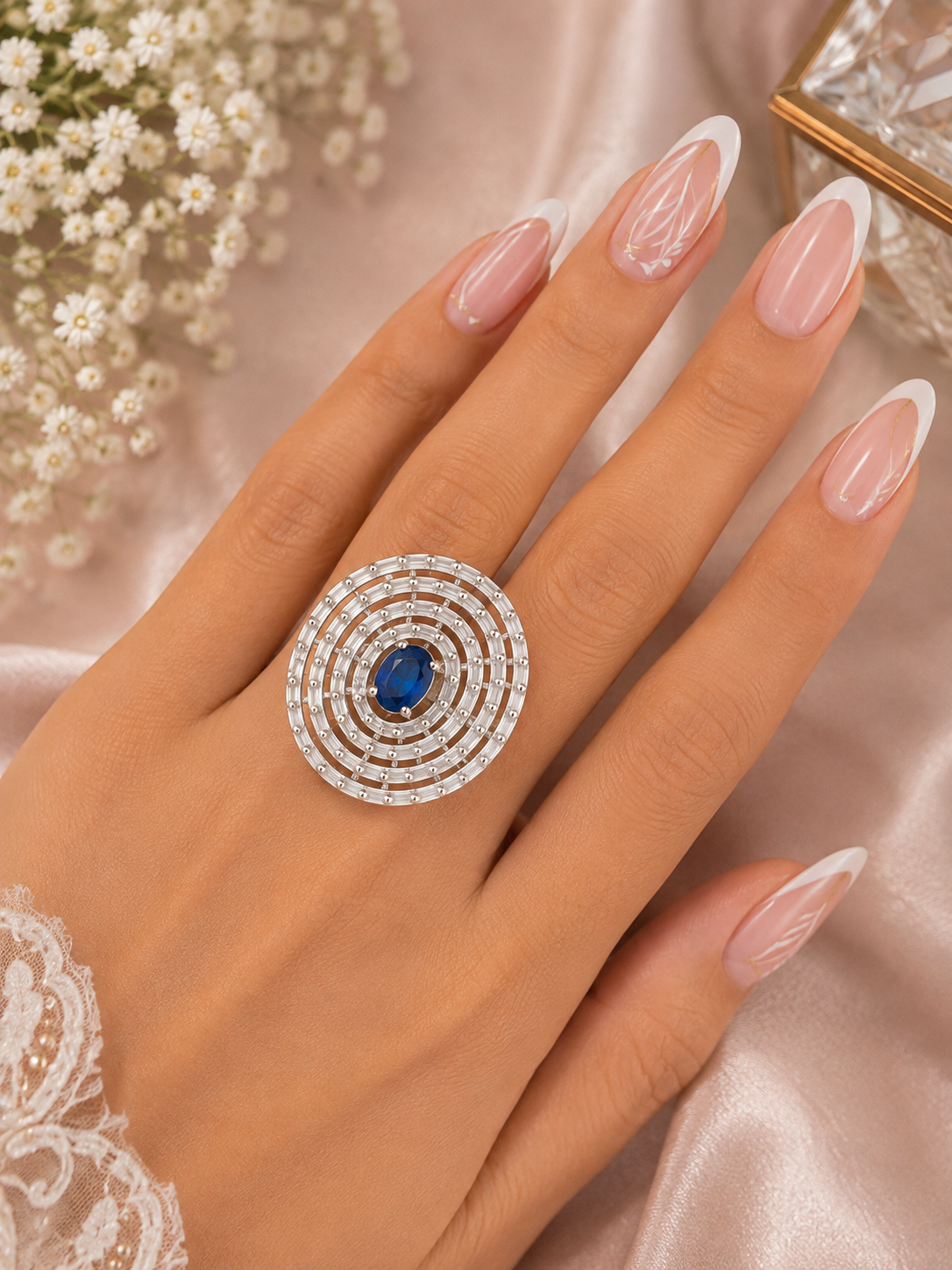 Blue Oval Concentric Crystal Statement Ring