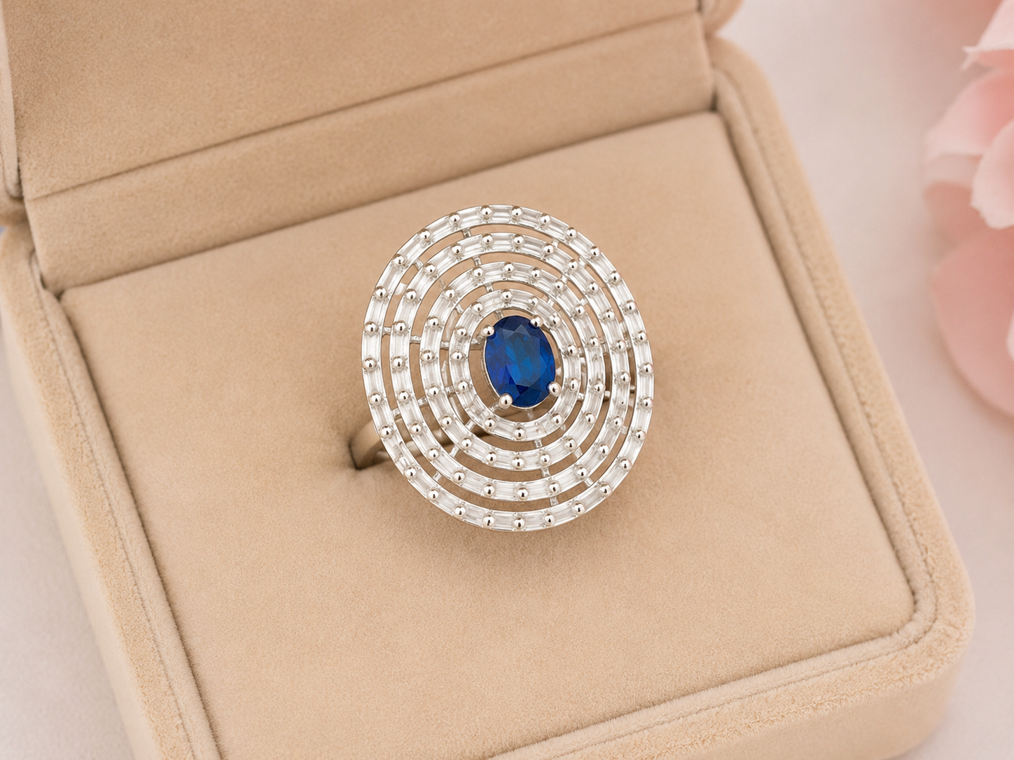 Blue Oval Concentric Crystal Statement Ring
