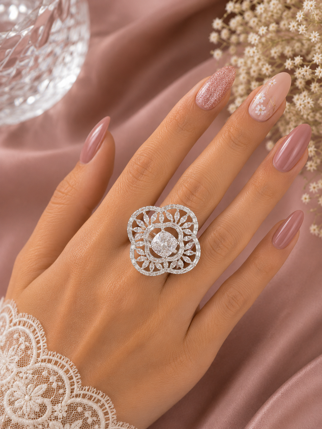 Crystal Floral Cushion Statement Ring