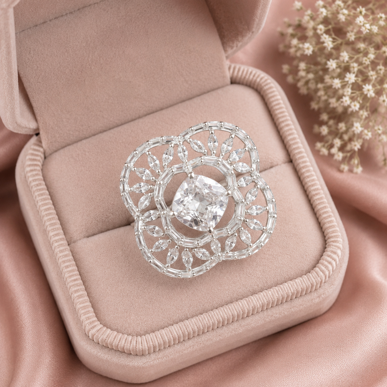 Crystal Floral Cushion Statement Ring