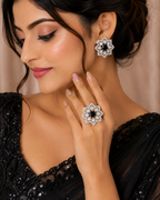 Black Floral Crystal Statement Ring