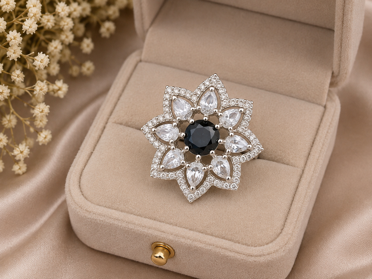 Black Floral Crystal Statement Ring
