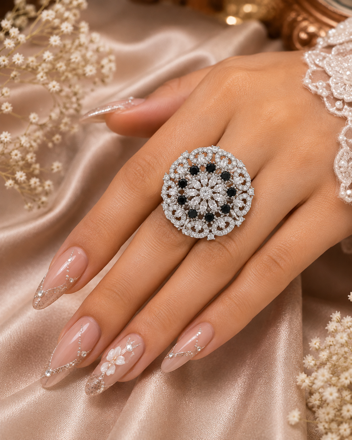 Black & Crystal Floral Statement Ring – Silver-Tone Designer Ring