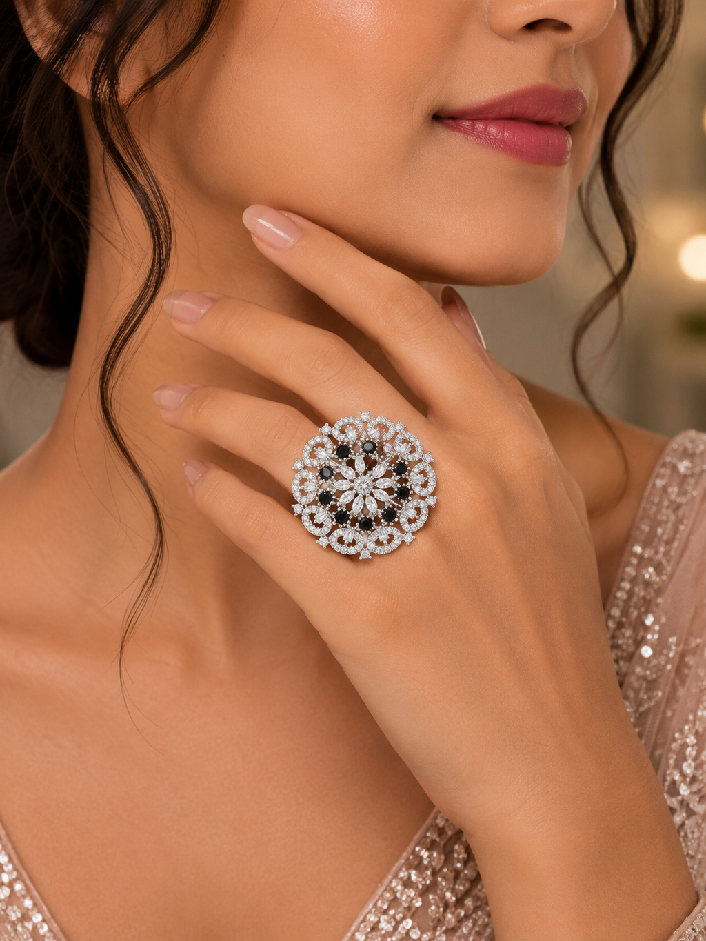 Black & Crystal Floral Statement Ring – Silver-Tone Designer Ring