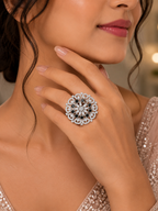 Black & Crystal Floral Statement Ring – Silver-Tone Designer Ring