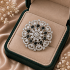 Black & Crystal Floral Statement Ring – Silver-Tone Designer Ring