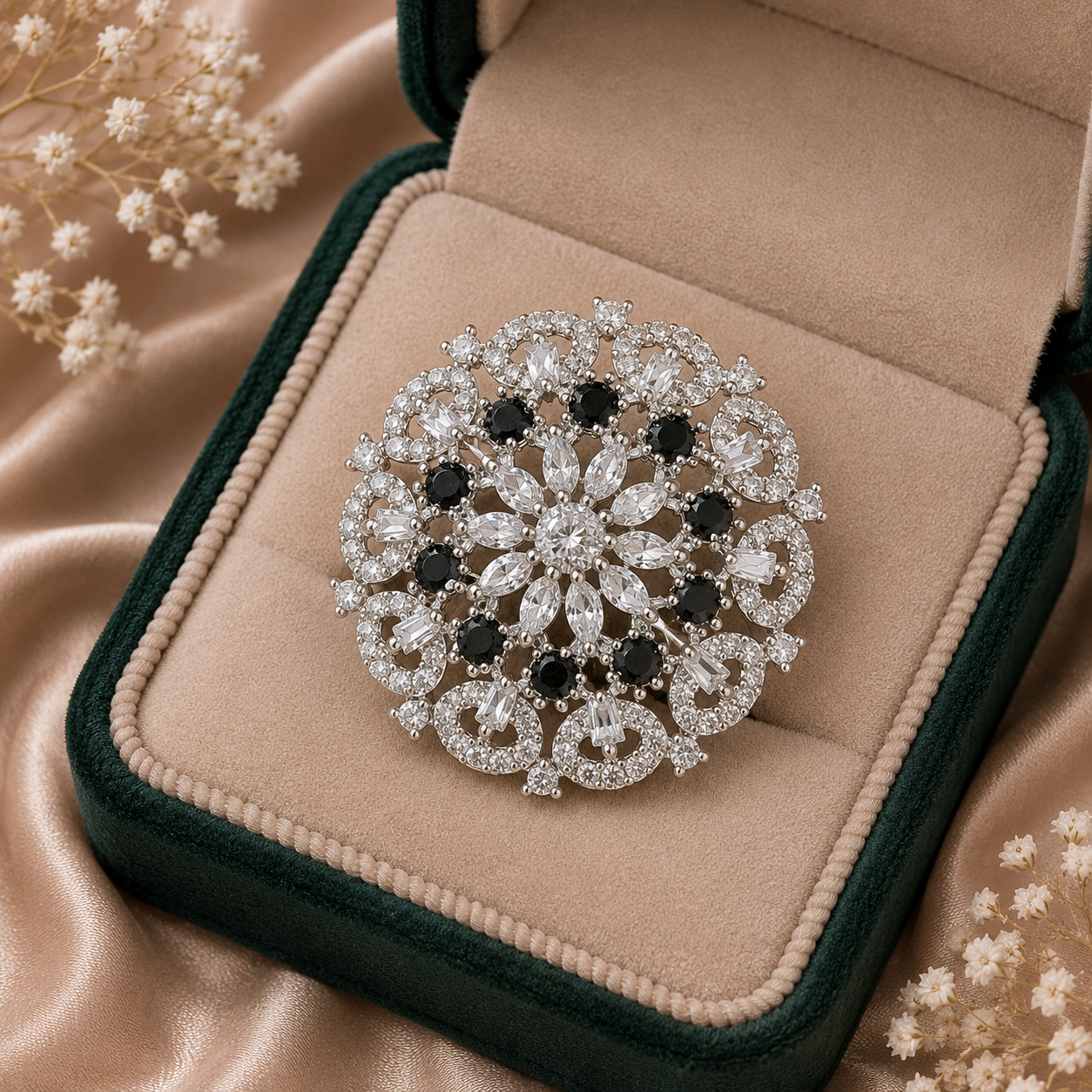 Black & Crystal Floral Statement Ring – Silver-Tone Designer Ring