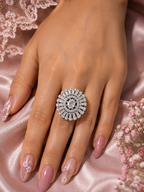 Silver Sunburst Oval Crystal Statement Ring