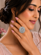 Silver Sunburst Oval Crystal Statement Ring
