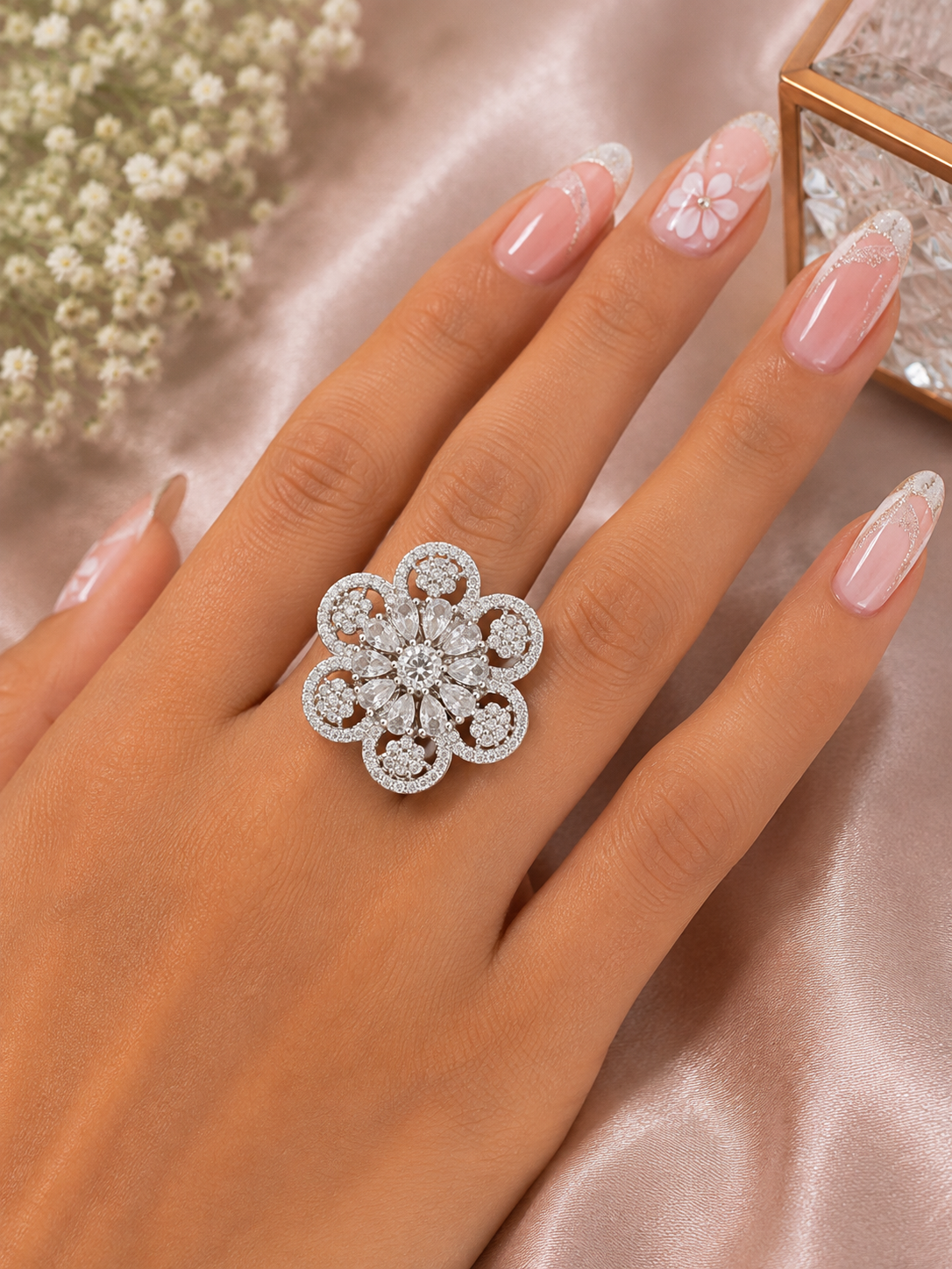 Floral Crystal Cluster Statement Ring