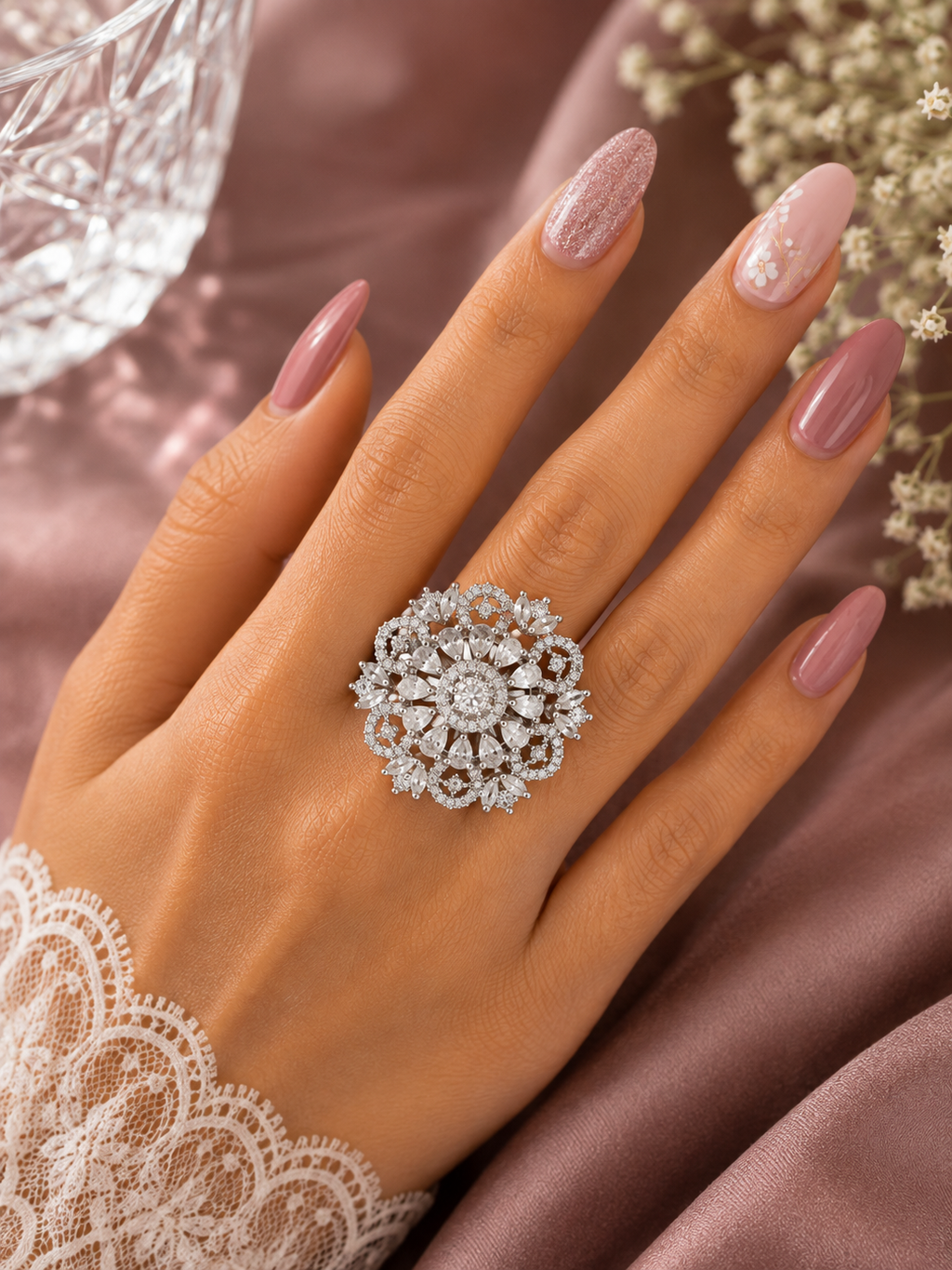 Elegant Floral Crystal Statement Ring