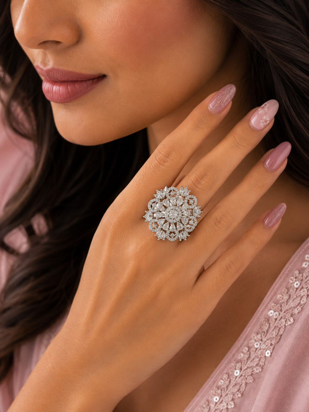 Elegant Floral Crystal Statement Ring