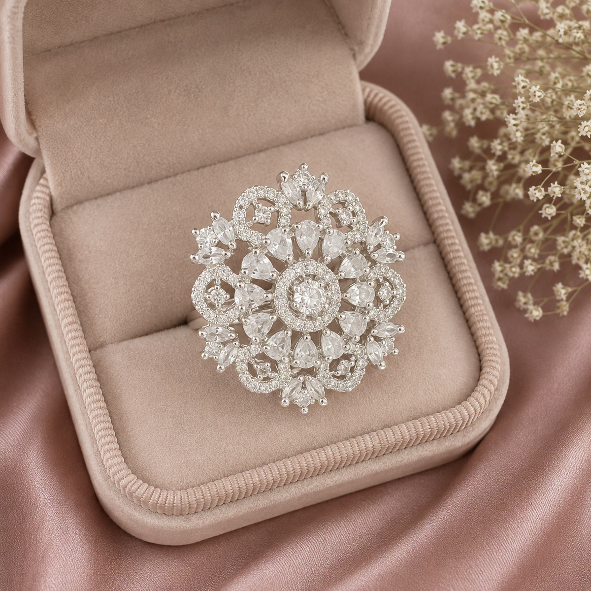 Elegant Floral Crystal Statement Ring