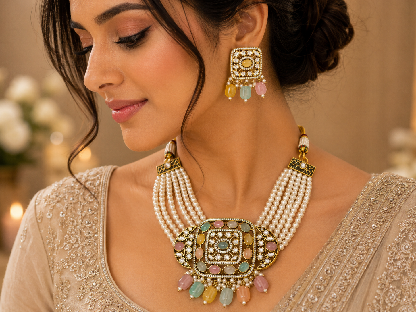 Gold & Multicolor Pearl Necklace Set – Artificial Fashion Jewellery