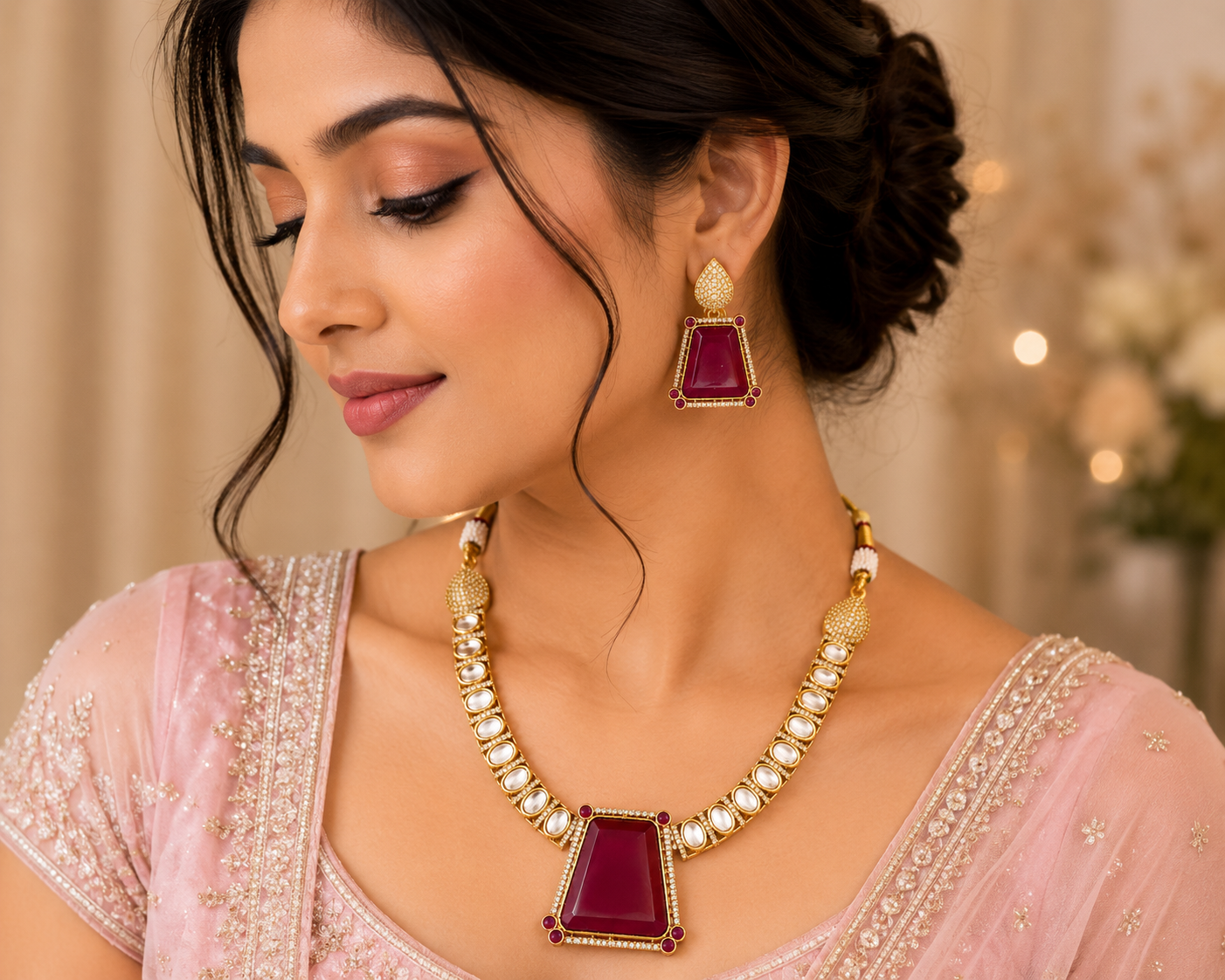 Gold-Tone Ruby Red Statement Necklace Set with Matching Earrings