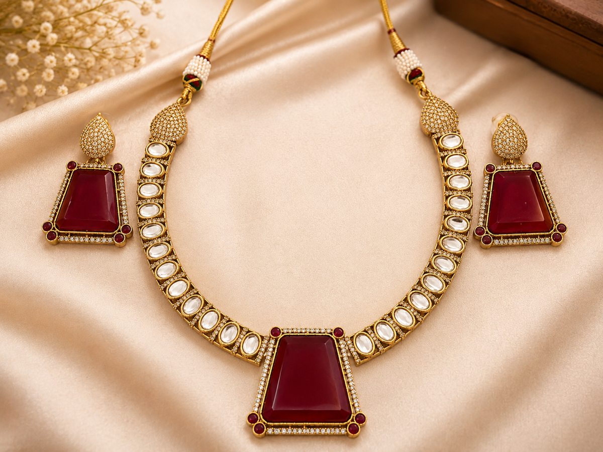 Gold-Tone Ruby Red Statement Necklace Set with Matching Earrings