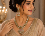 Green & Pink Stone Necklace Set – Gold-Tone Statement Necklace with Matching Earrings