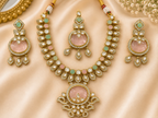Green & Pink Stone Necklace Set – Gold-Tone Statement Necklace with Matching Earrings