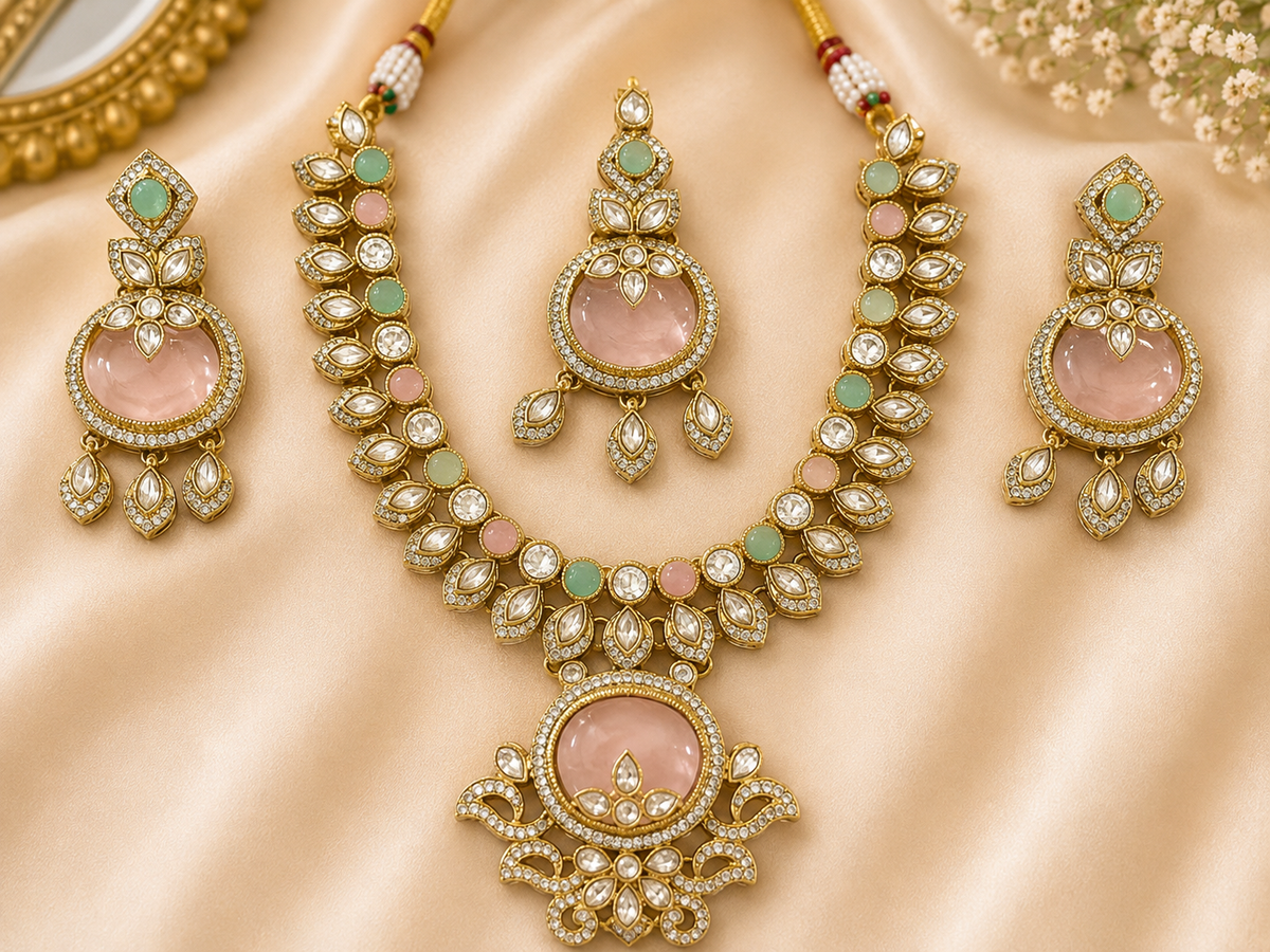 Green & Pink Stone Necklace Set – Gold-Tone Statement Necklace with Matching Earrings
