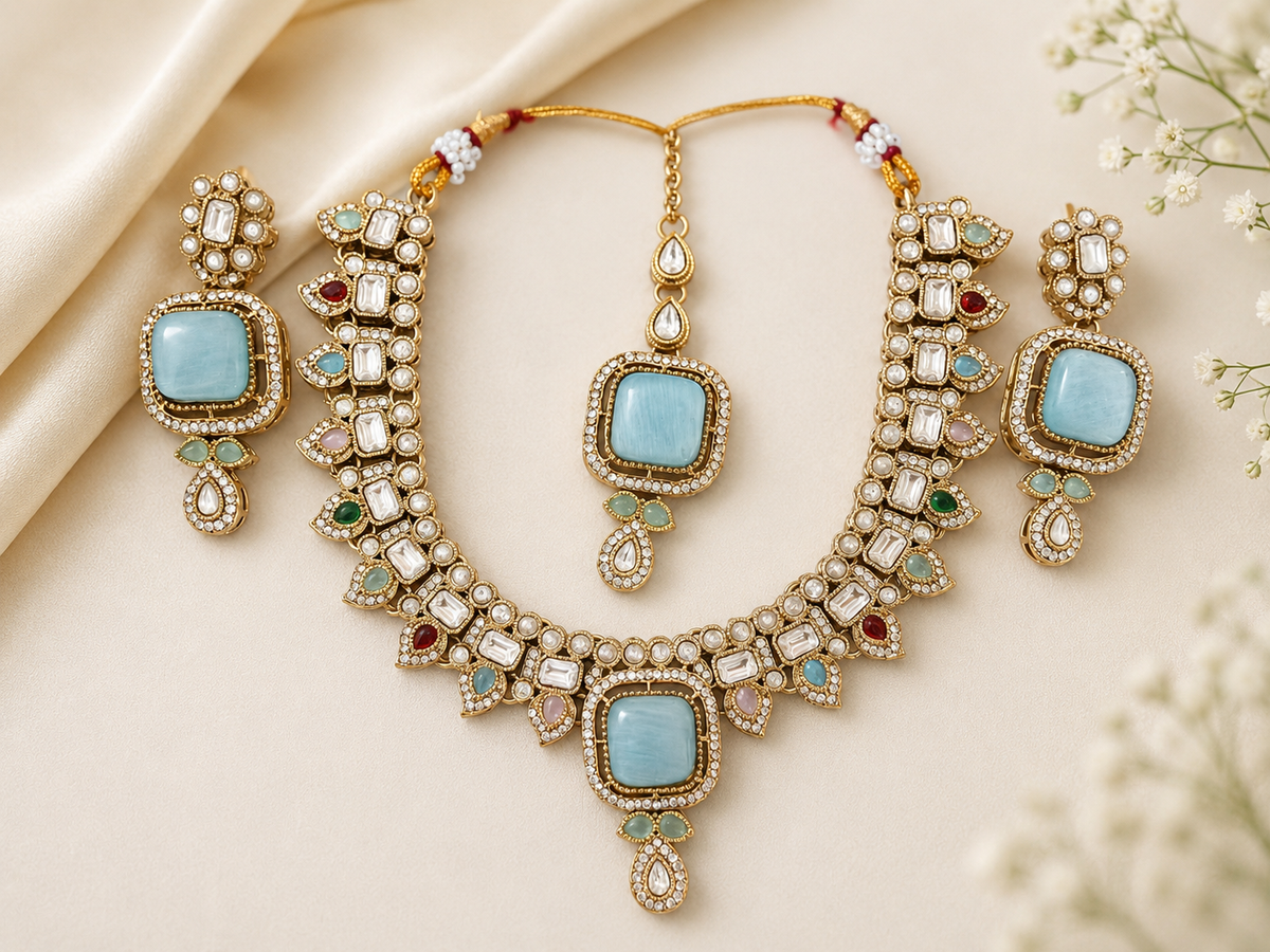 Blue Stone Kundan-Style Necklace Set