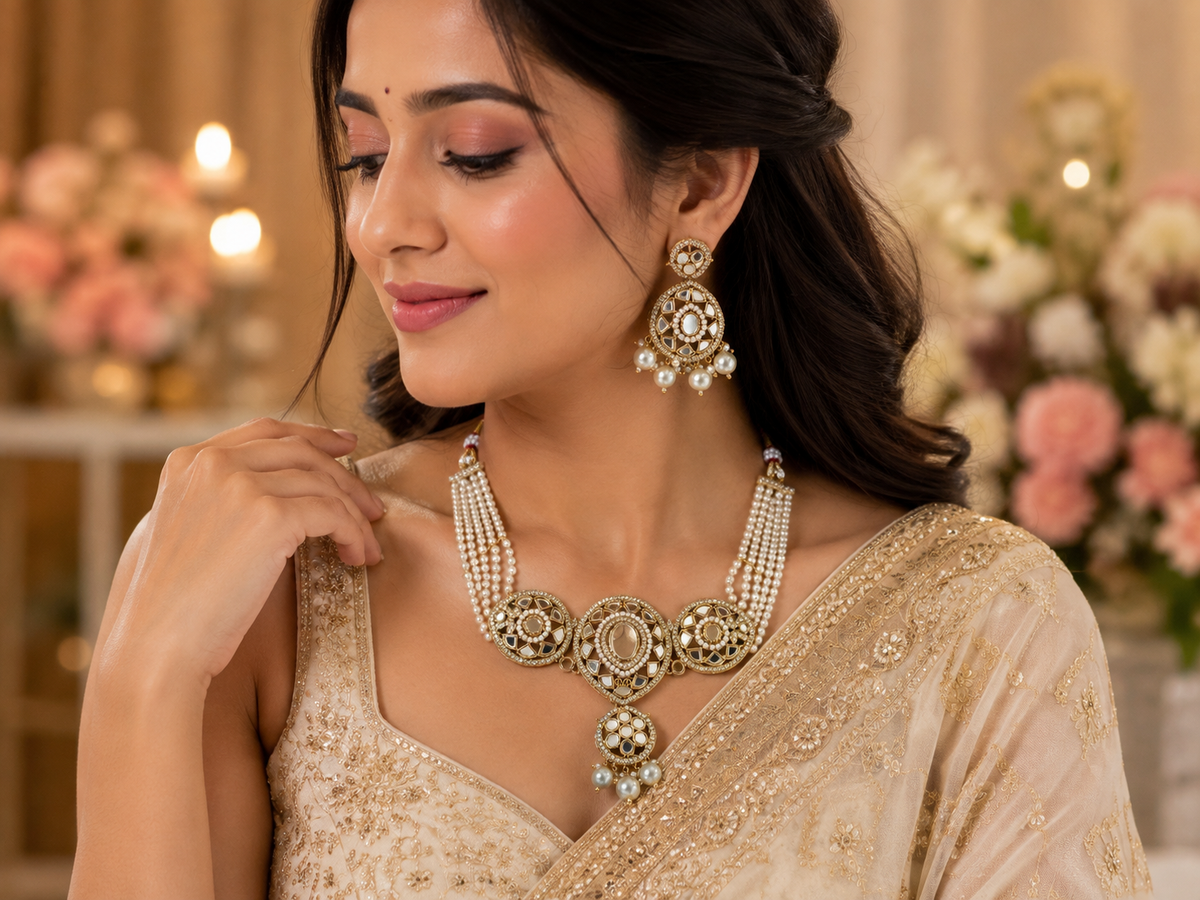 Pearl & Kundan Inspired Necklace Set