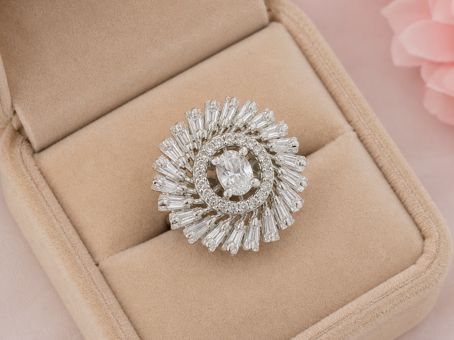 Elegant Silver-Tone Sunburst Cocktail Ring