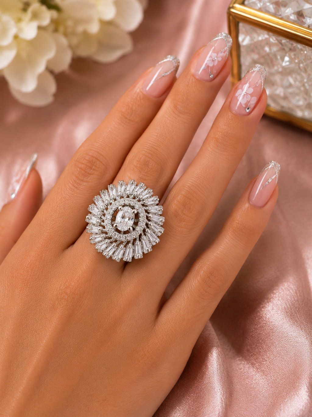 Elegant Silver-Tone Sunburst Cocktail Ring