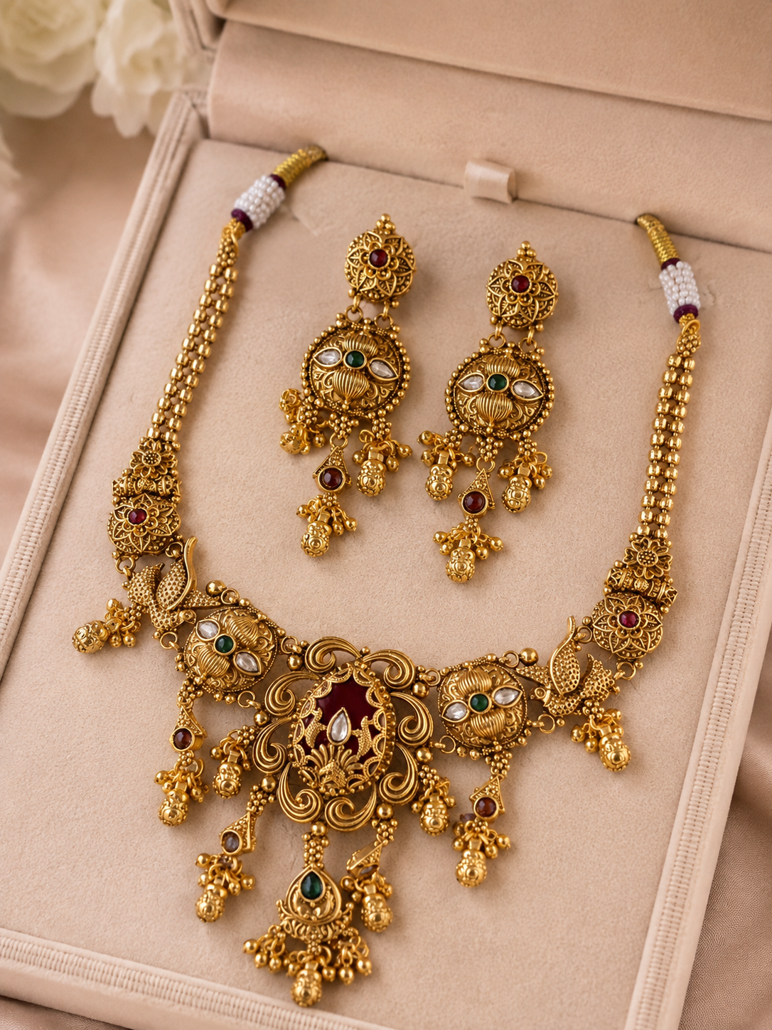 Antique Gold Peacock Meenakari Necklace Set with Statement Earrings