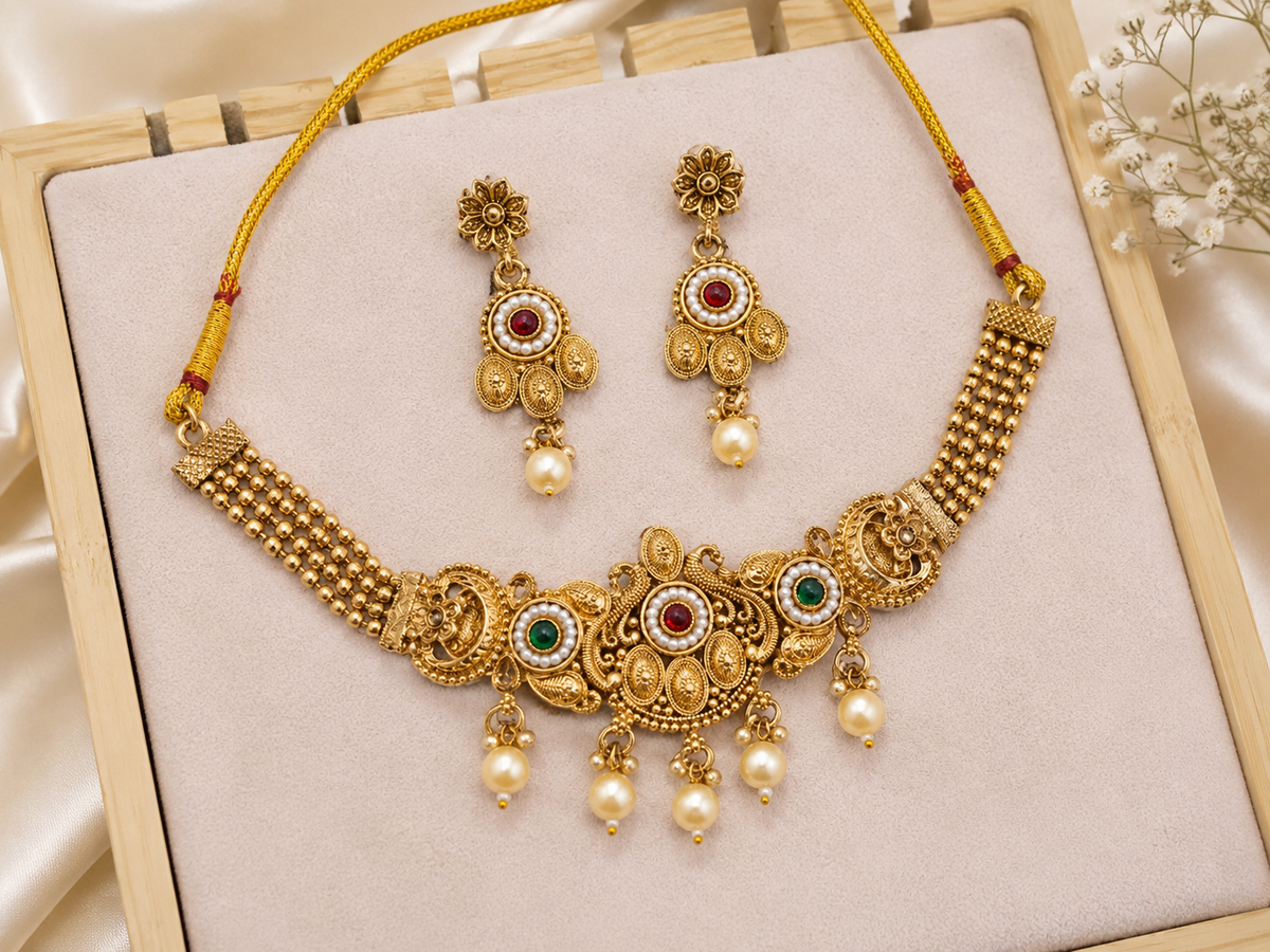 Traditional Gold-Tone Necklace Set with Pearl Drops