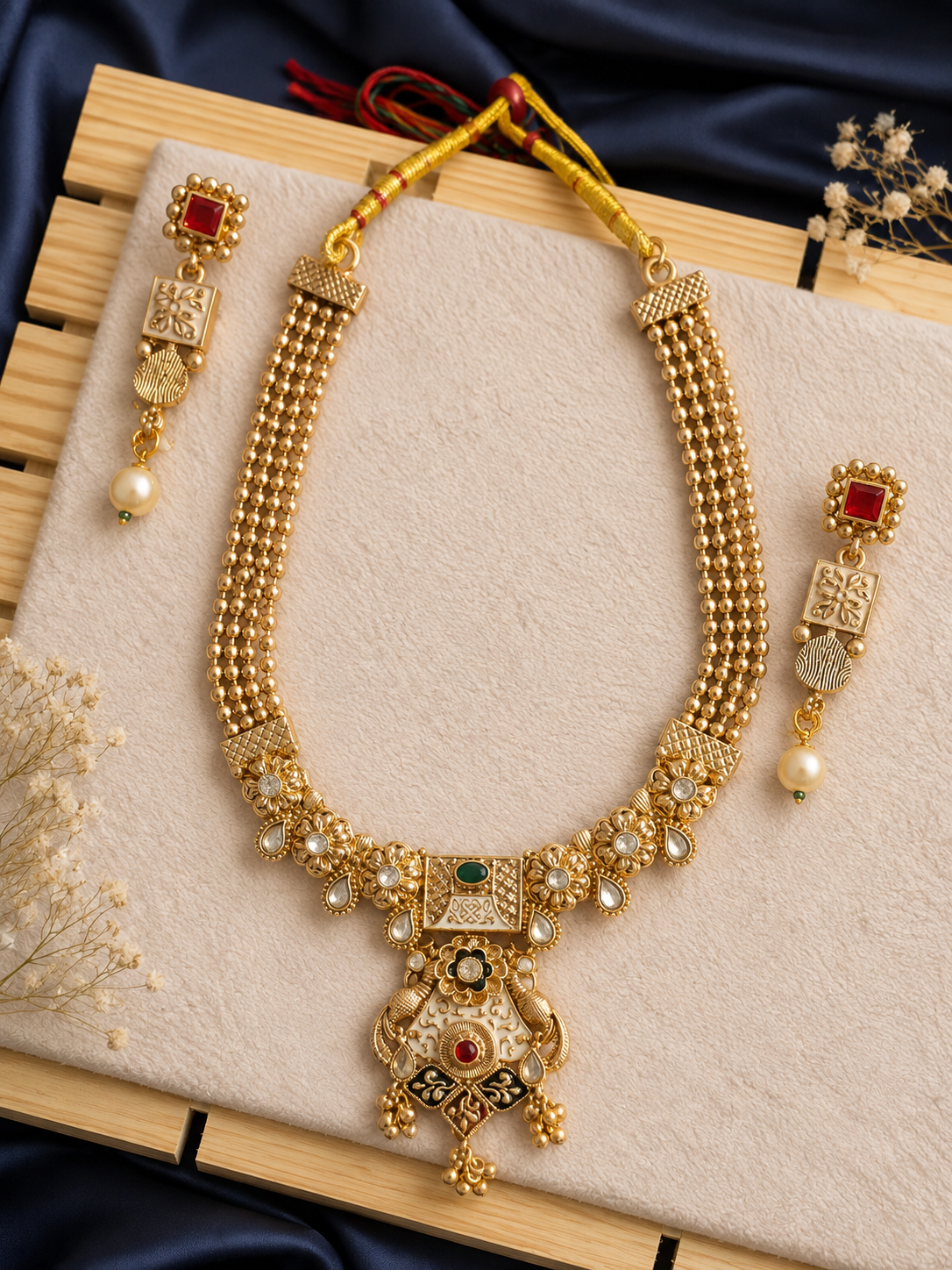 Traditional Gold-Tone Pearl Necklace Set