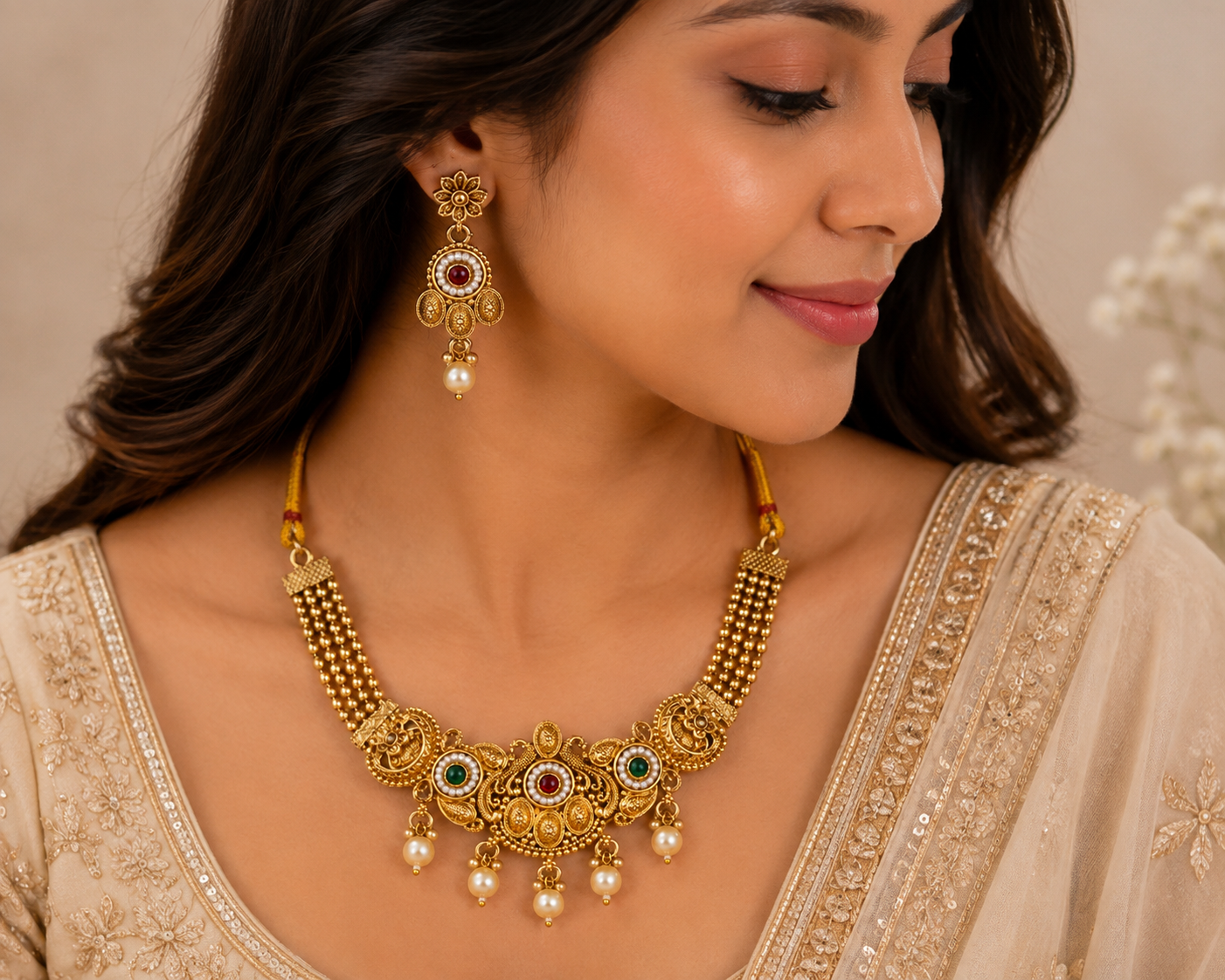 Traditional Gold-Tone Necklace Set with Pearl Drops