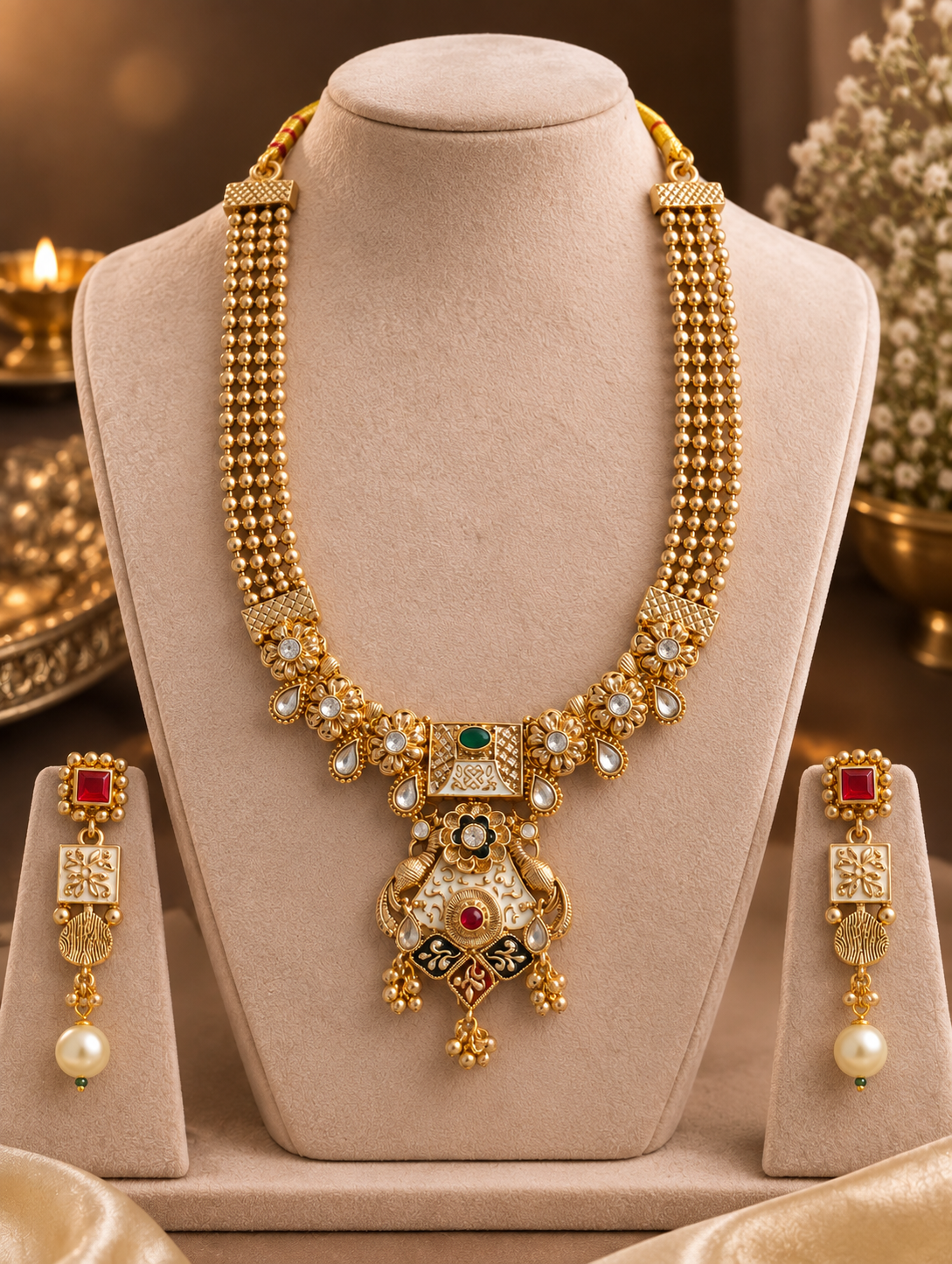 Traditional Gold-Tone Pearl Necklace Set