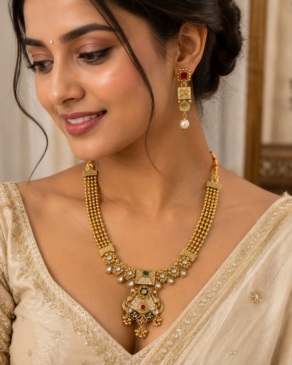 Traditional Gold-Tone Pearl Necklace Set