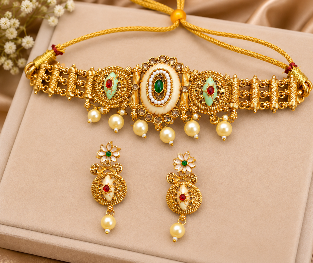 Traditional Gold-Tone Pearl & Stone Necklace Set