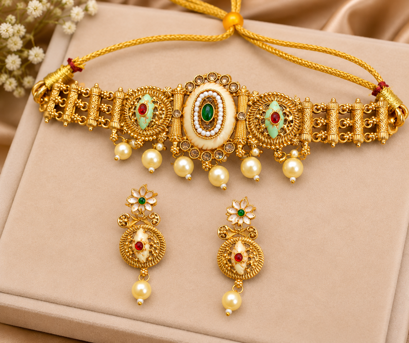 Traditional Gold-Tone Pearl & Stone Necklace Set
