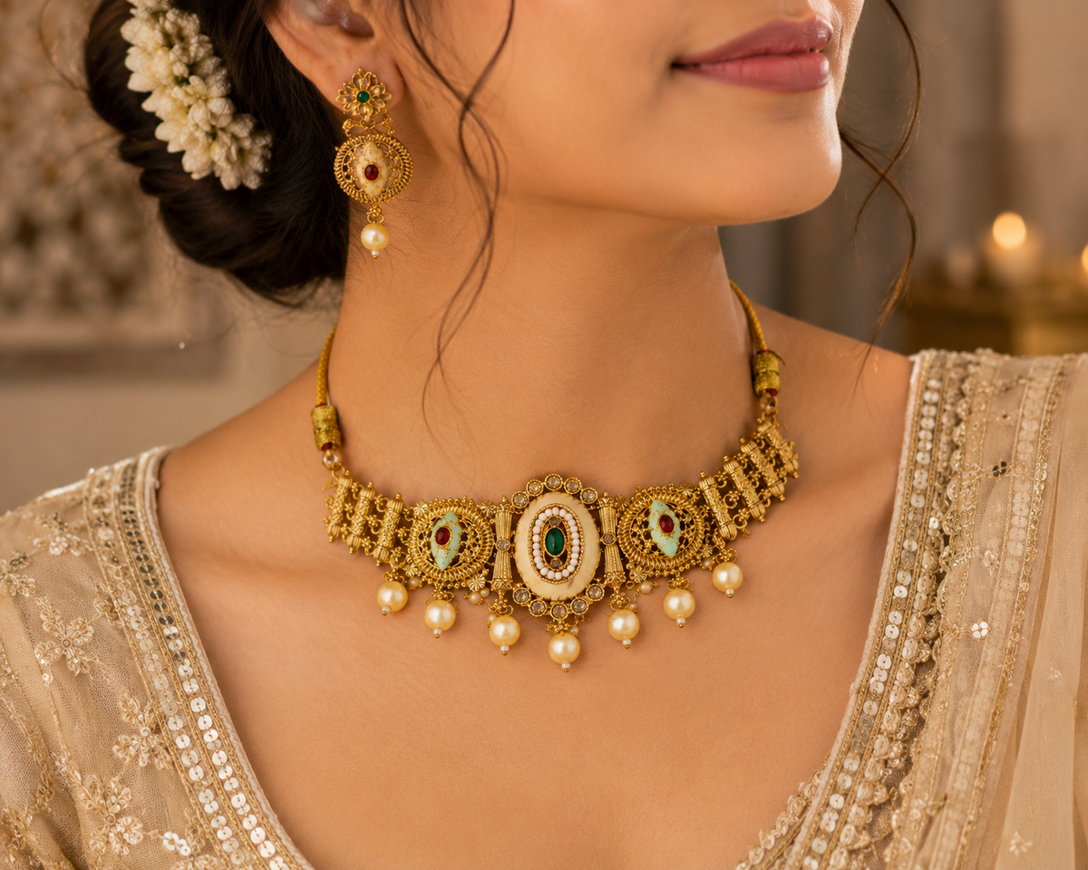 Traditional Gold-Tone Pearl & Stone Necklace Set