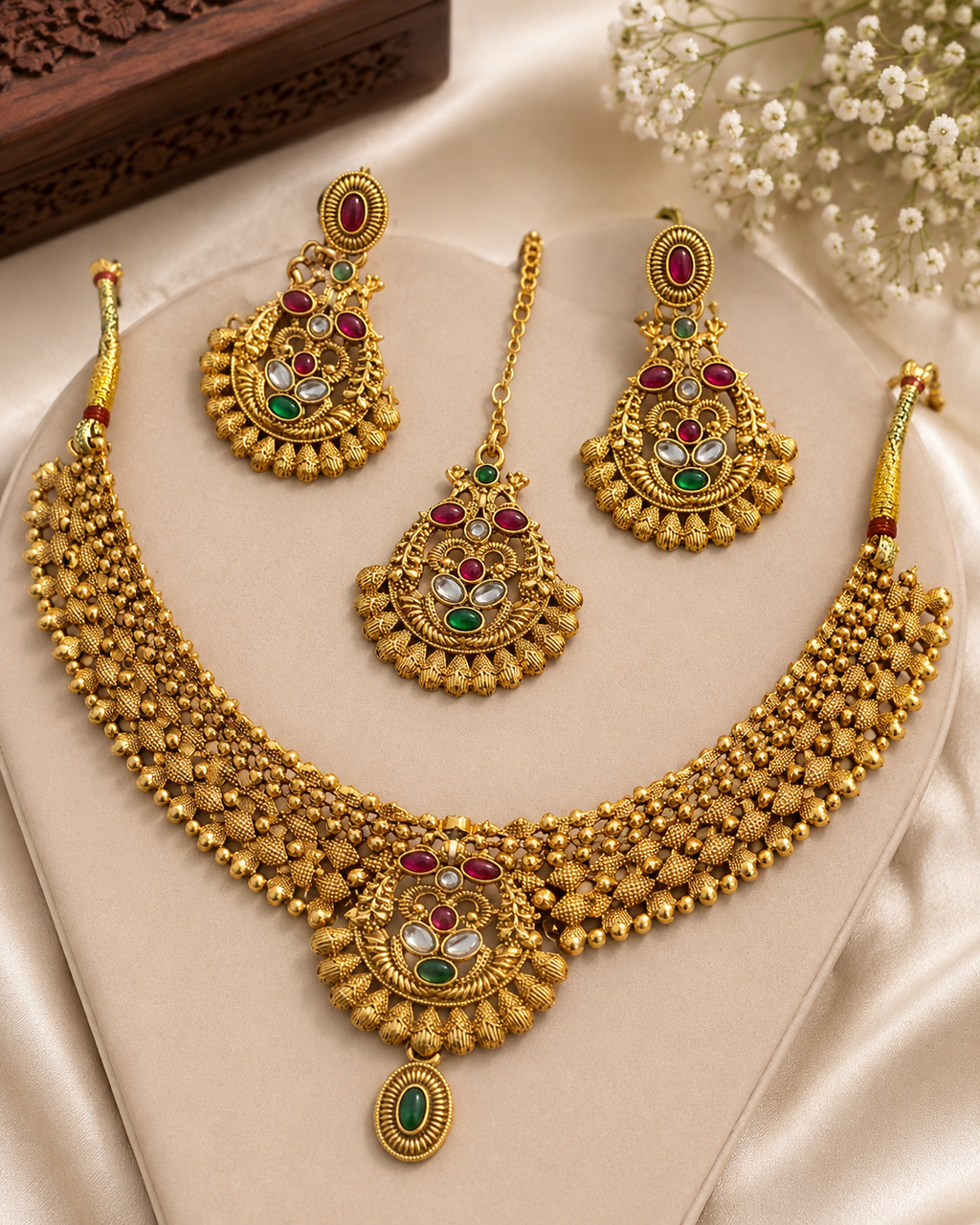 Traditional Multicolor Gold-Tone Necklace Set