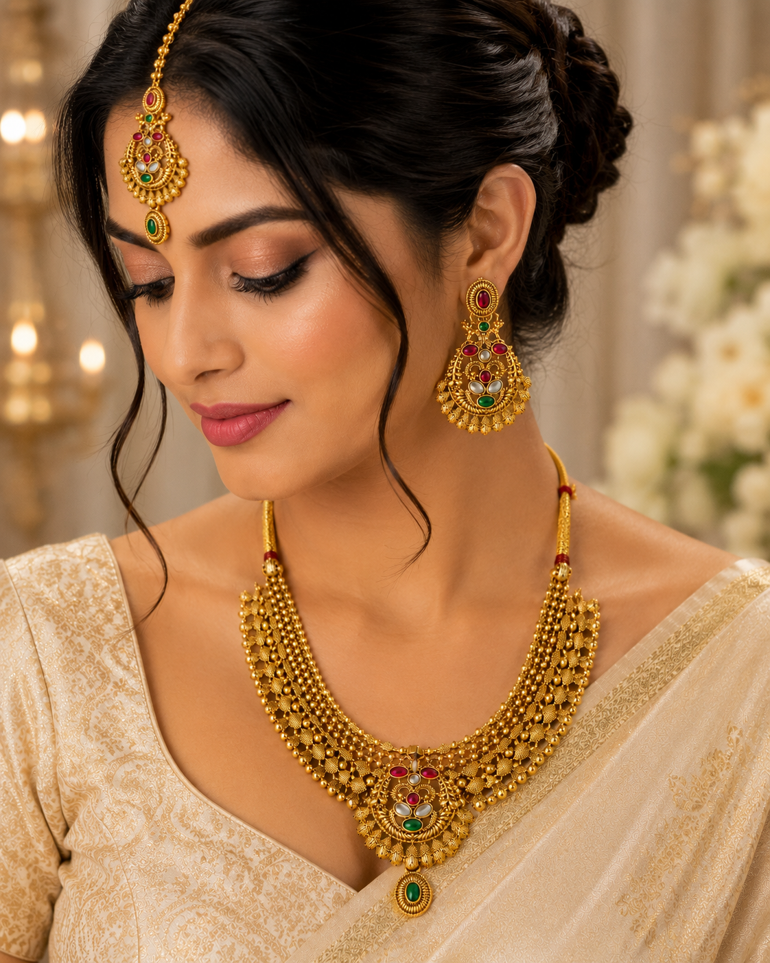 Traditional Multicolor Gold-Tone Necklace Set