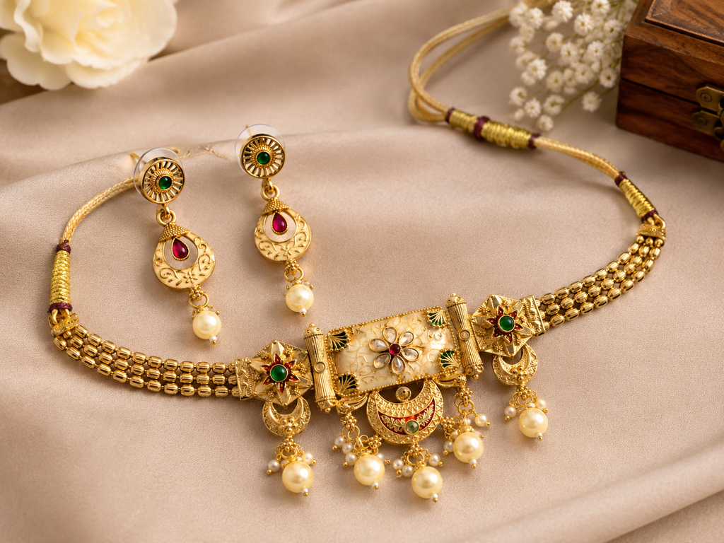 Royal Gold-Tone Traditional Necklace Set with Pearl Drops
