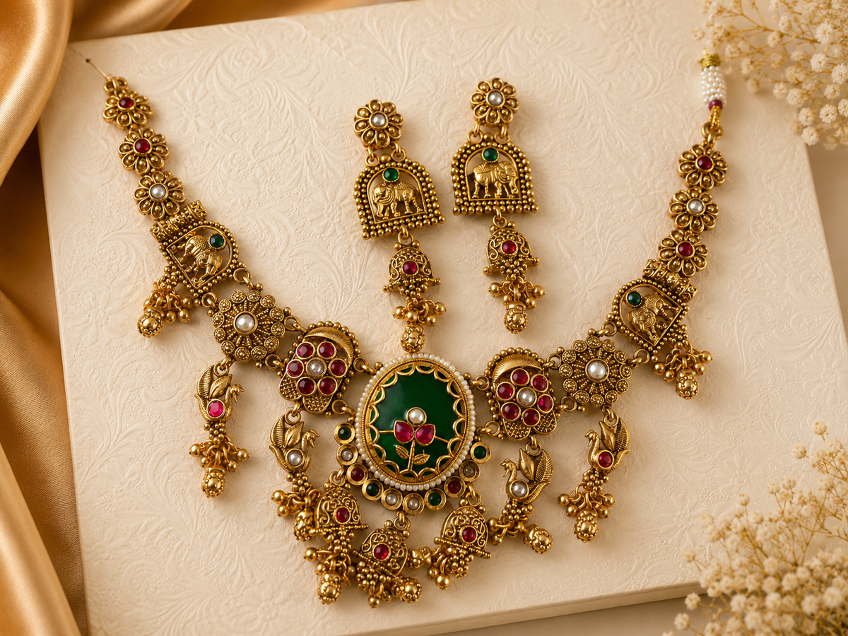 Royal Green & Ruby Antique Necklace Set with Earrings
